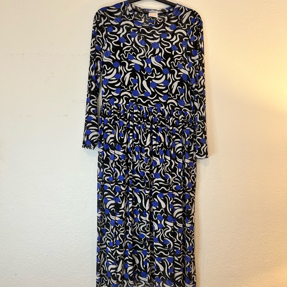 Stylish Blue and Black Patterned Mesh Long Sleeve Dress